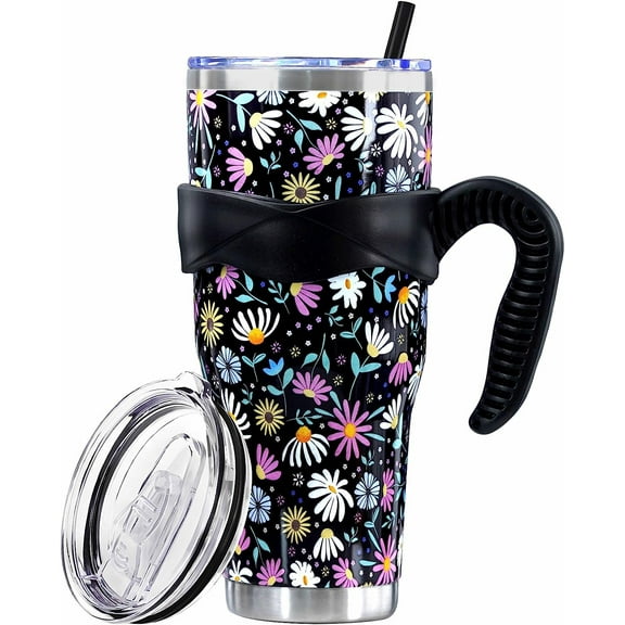 40 Oz Tumbler with Handle and Silicone Straws,Coffee Insulated Tumbler with Handle,40 Oz Flowers Water Bottles,Travel Mug with Handle