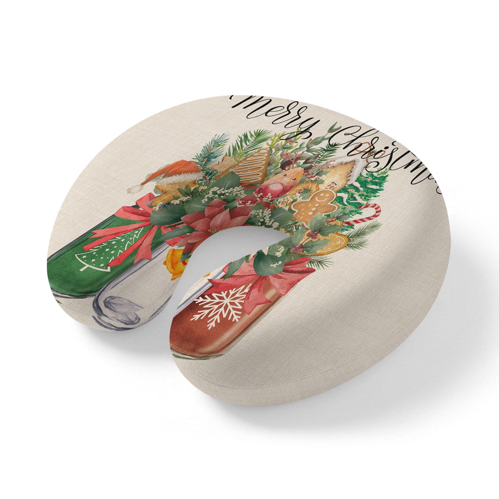 Neck Pillow Merry Christmas Biscuit Floral Botanical Leaf Travel Pillow Memory Foam U Shaped Pillows Xmas Trees on Linen Travel Neck Pillows for Airplane Car Office Home Sleeping Rest