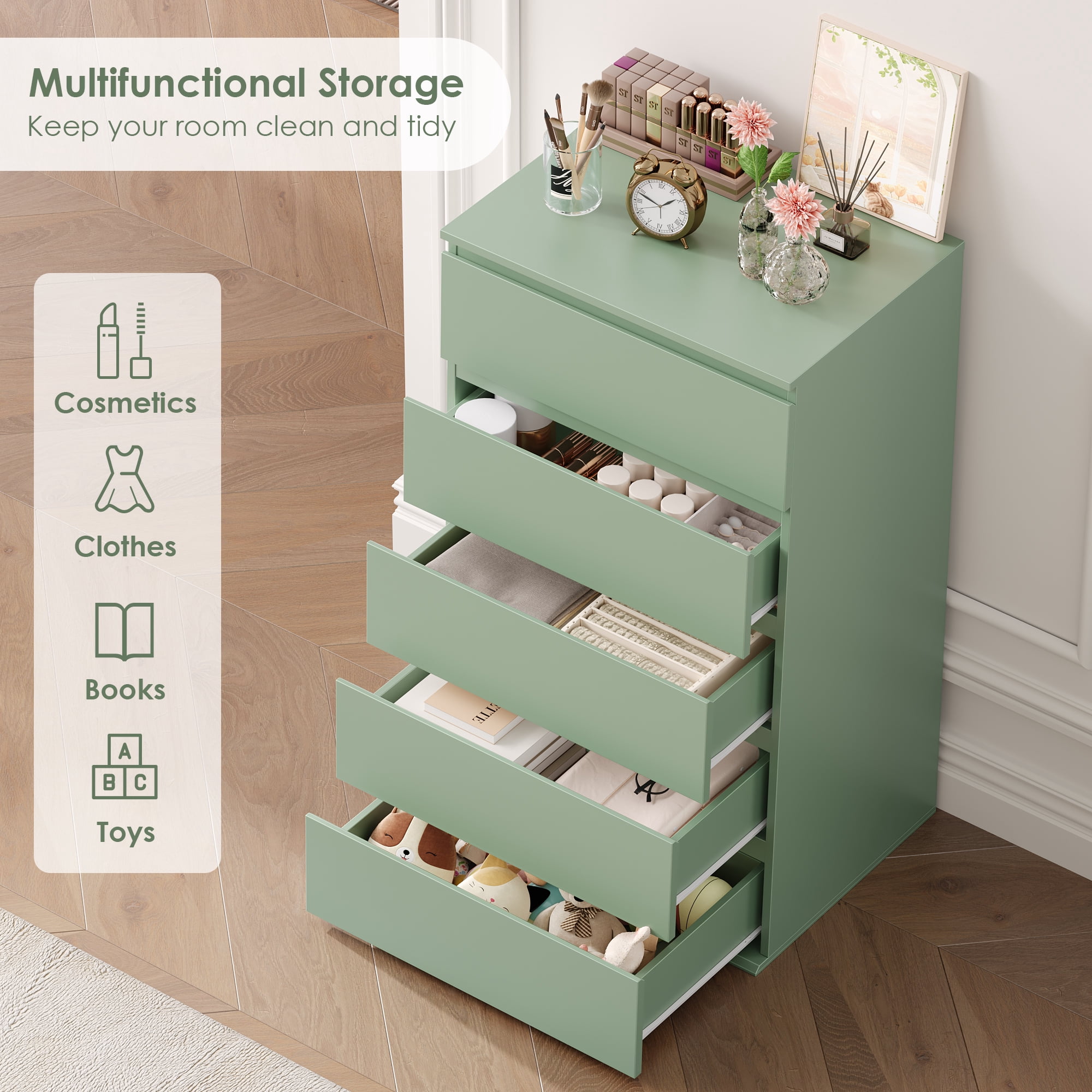 Homfa 5 Drawer Dresser, Modern Storage Cabinet for Bedroom,Tall Chest of Drawers for Living Room，Green
