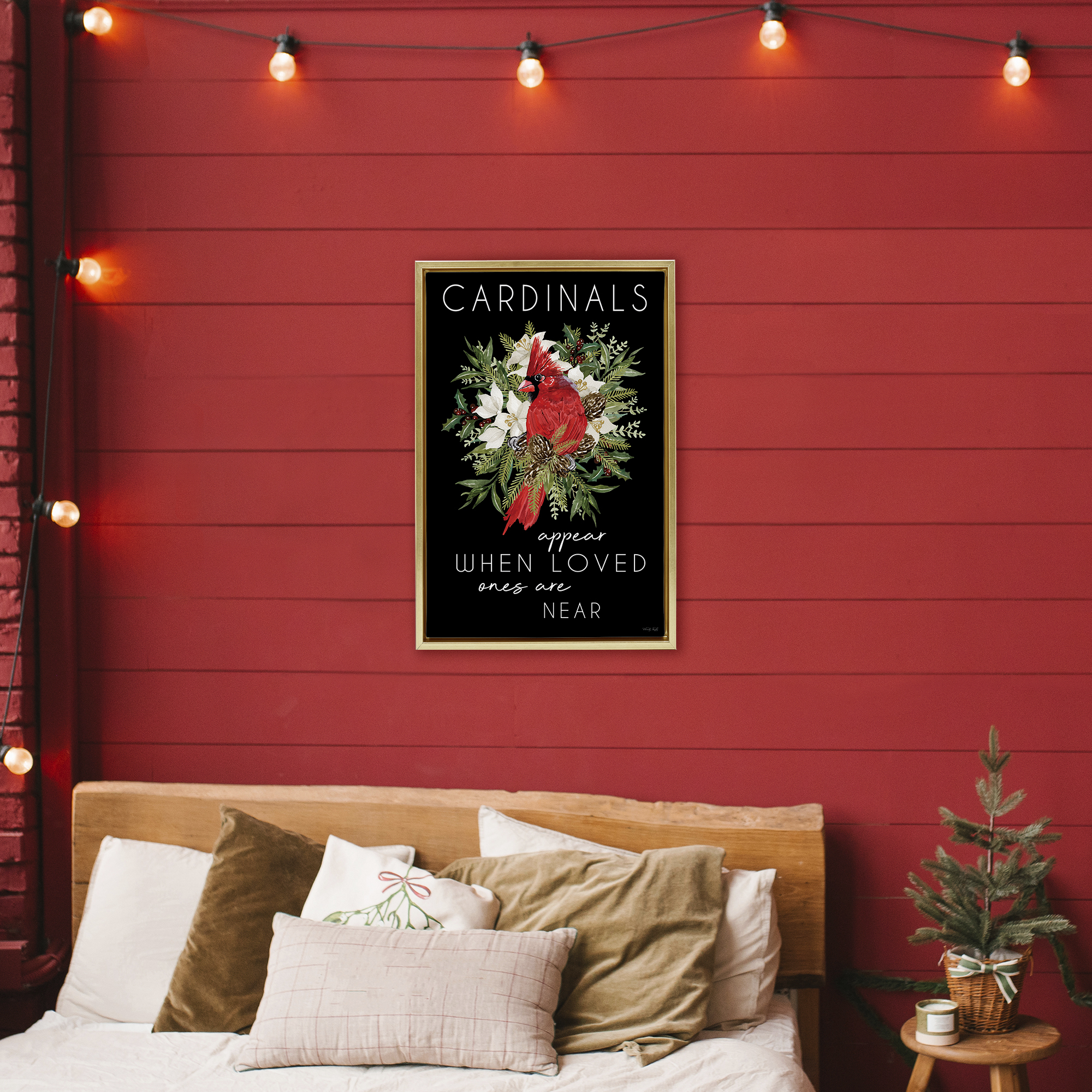 Cardinals Appear Seasonal Sentiment Gold Framed Floater Canvas Wall Art, design by Cindy Jacobs