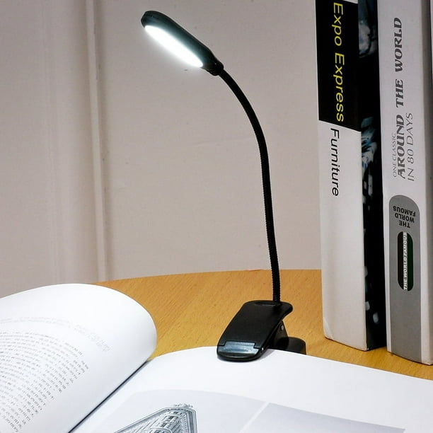 Lámpara de lectura LED recargable con clip, modos de brillo y colores, ideal para leer en la cama y viajar.