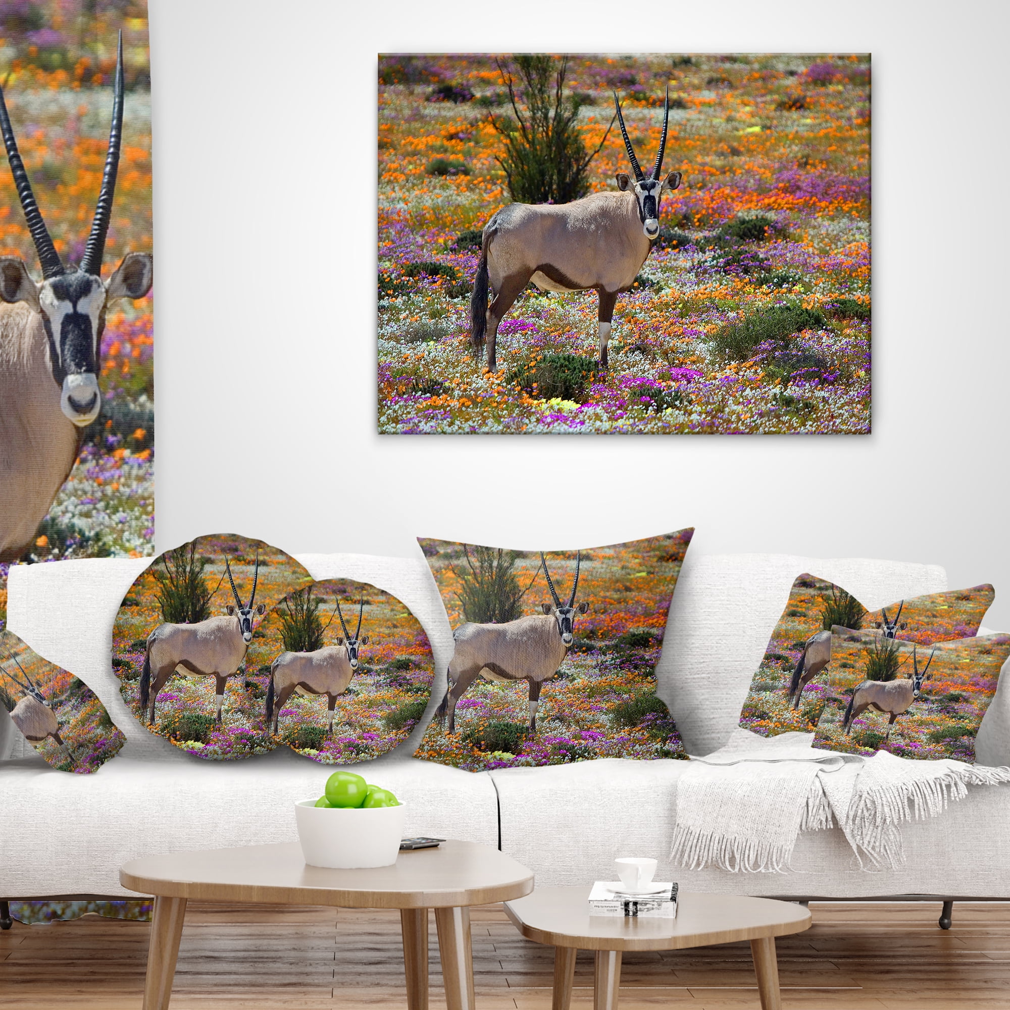 Designart Beautiful Oryx in Flower Field - African Wall Throw Pillow - 18x18