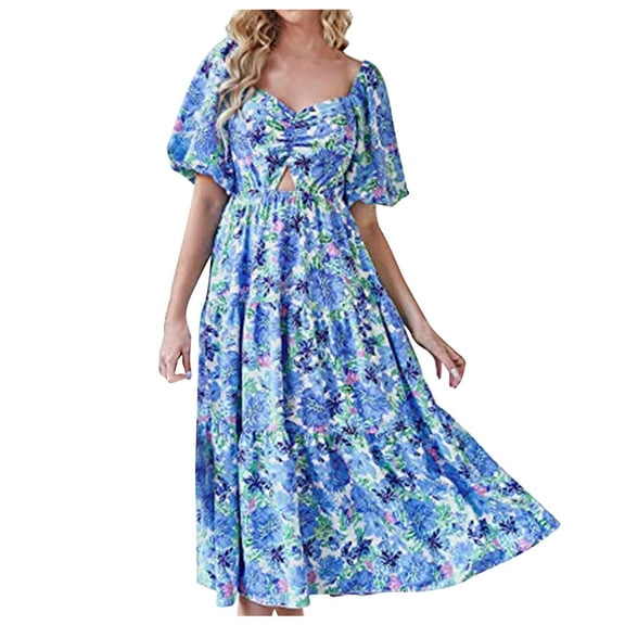 JGTDBPO Summer Dresses For Women 2023 Fashion Round Neck Short Sleeve Smocked Back Boho Floral Long Maxi Dress Swing Beach Dress Ankle Length Sun Beach Dresses