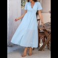 thumbnail image 4 of Vestido Midi Informal de Verano para Mujer, con Mangas Abullonadas, Escote en V, Fruncido, Botones Al Frente, Abertura, Estilo Bohemio, 2025 Azul XL, 4 of 10