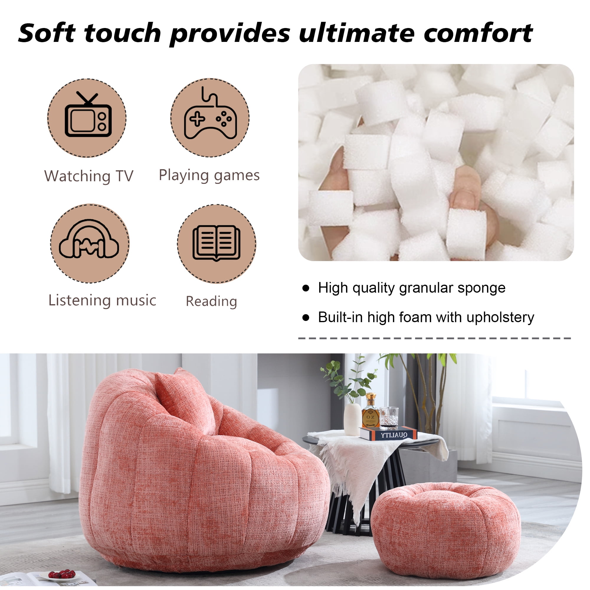 MOONMISS Chenille Upholstered Round Lazy Cozy Bean Bag Chair with Ottoman-PINK
