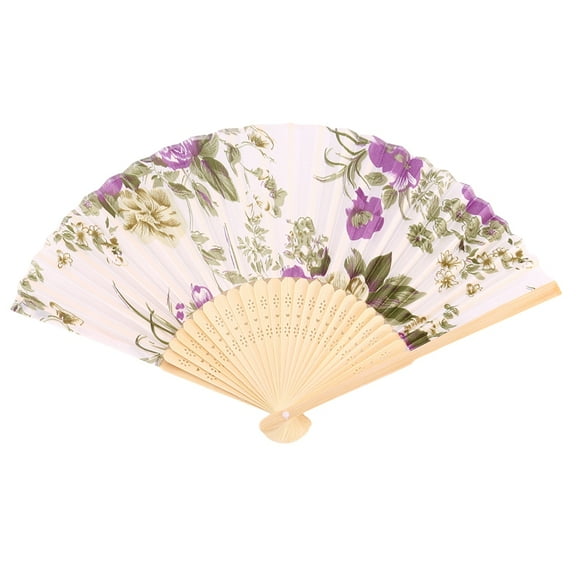 Women's Summer Wedding Floral Pattern Fabric Folding Hand Fan White