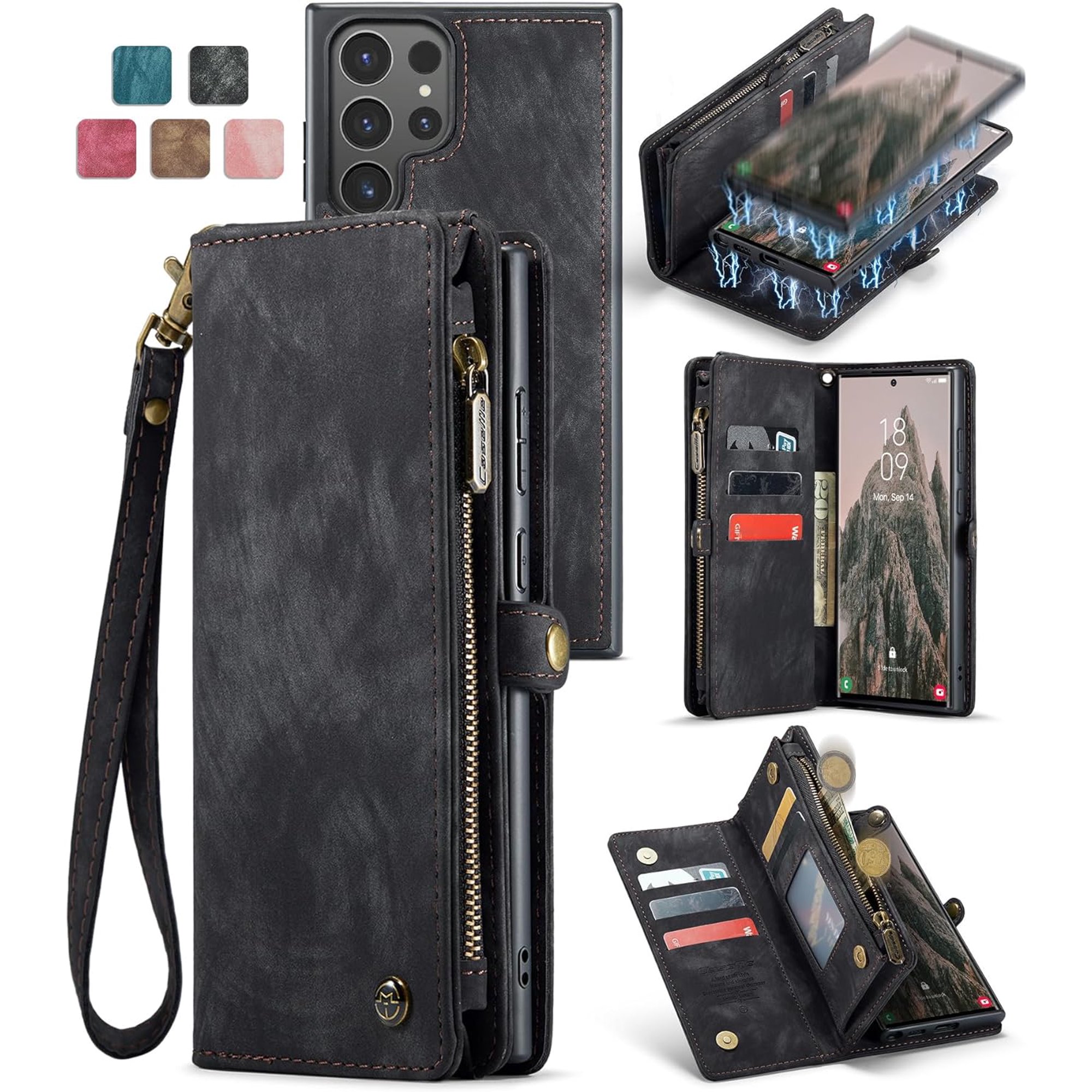 2 in 1 Detachable for Samsung Galaxy S24 Ultra Wallet Case with Card Holder, Retro Premium Flip Leather Cover Zipper Pocket Phone Cases 6.8'' (Black, S24 Ultra)
