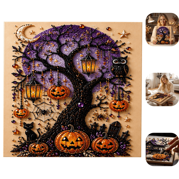 Halloween Ghost Pearl Art DIY Kit, 3D Pearl Mosaic Craft Set, 6 Styles Haunted House Ghost, Skeleton, Witch & Owl Tree Canvas, DIY Fall Home Decor Wall Art, Beginner DIY Seasonal Party Gift B 1Pc