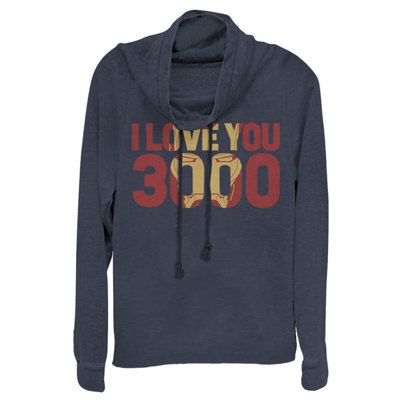 Junior's Marvel Iron Man Forever Love 3000 Cowl Neck Sweatshirt Navy Blue Medium