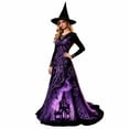 thumbnail image 3 of Witch Dress for Women Halloween Long Sleeve Lace V Neck Vintage Gothic Maxi Dress Allover Halloween Print Haunted House A Line Party Dress, 3 of 6