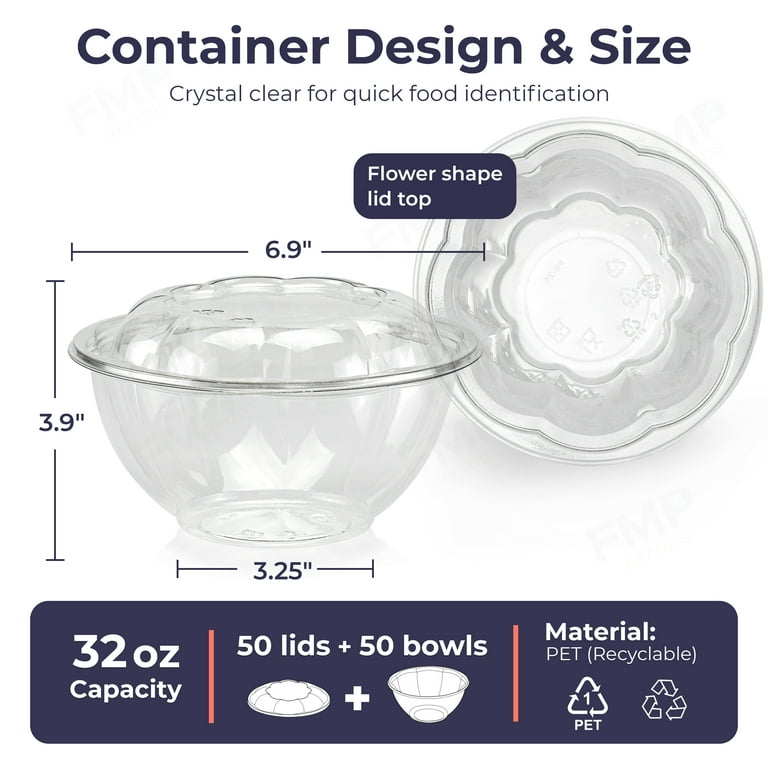 50 Sets - 32 oz. Clear Plastic Salad Bowls To Go With Airtight