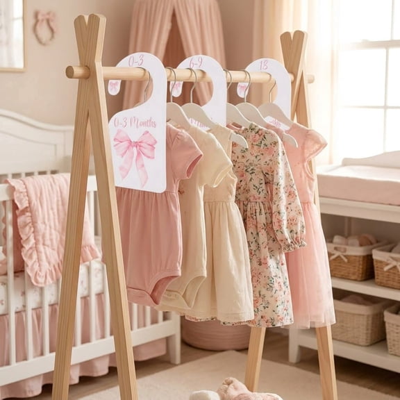 16 Pack Pink Bow Nursery Closet Size Dividers, 2 Sets of 8 Baby Girl Clothes Organizers from Newborn to 2T for Nursery Closet Storage