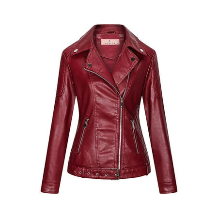 

nsendm Women Ladies Lapel Motor Jacket Coat Zip Biker Short Punk Cropped Cot Outerwear Working Jackets for Women Coat Red Large