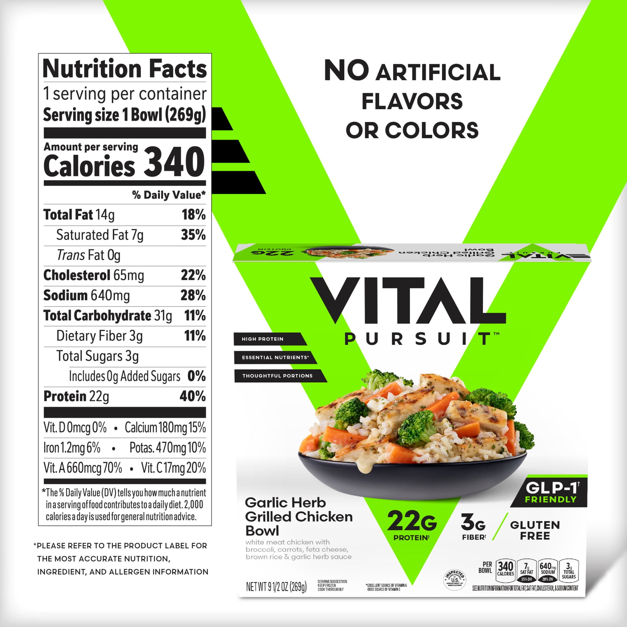 Vital Pursuit Garlic Herb Chicken Rice Bowl, High Protein GLP-1 Friendly Frozen Meal, 22g Protein, 9.5 oz (Frozen)