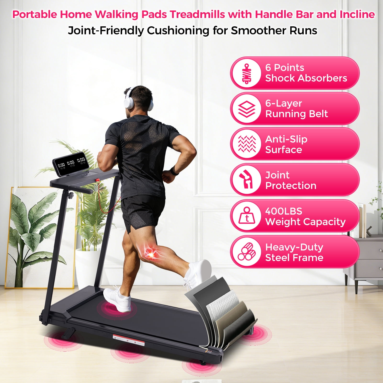 HevGlrm Portable Treadmills for Home Workouts Fitness,3.5HP Walking Pad Treadmill with Handles,Compact Running Treadmill with LED Display,400lbs