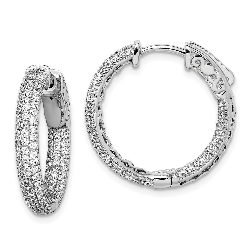 925 Sterling Silver Rhodium-plated CZ In & Out Hinged Post Hoop Earrings