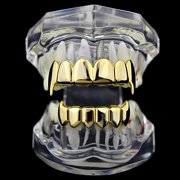 14K Gold Plated Grillz Set Full Fangs Upper Top And Bottom Lower Vampire Teeth Fangs Hip Hop Grills
