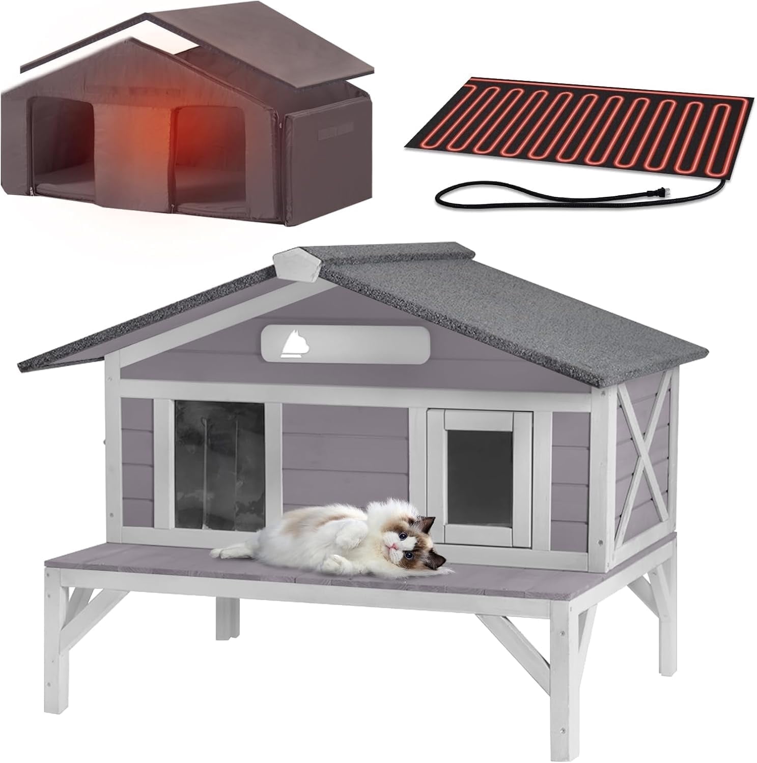 Aivituvin Heated Cat House for Outside Large Outdoor Insulated Cat House Weatherproof Feral Cat Shelter with Heated Pad, Insulated All-Round Thermal Liner, Chewproof Cable for 1-4 Cats (Winter-Ready)