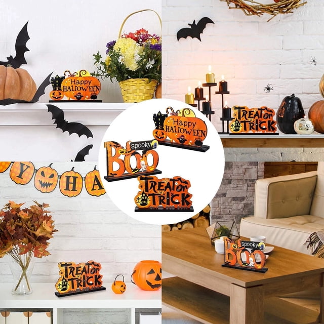 Decoraciones de mesa de madera Happy Halloween, decoraciones de mesa Cushaw naranja, letrero, decoraciones para fiesta de Halloween