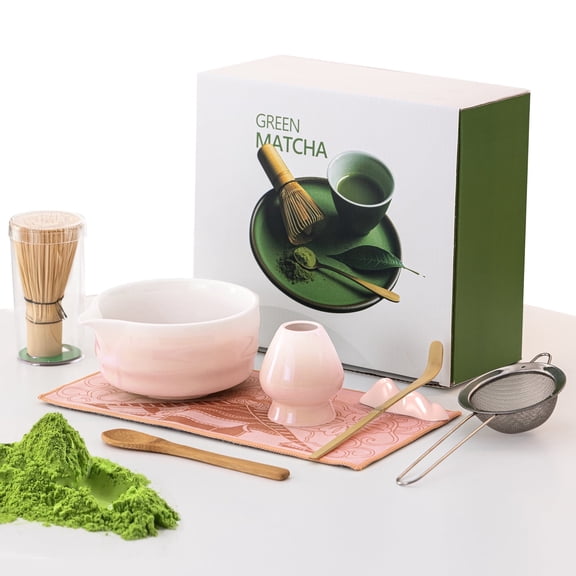 8 Pcs Matcha Whisk Set, Ceramic Matcha Kit Set Includes Matcha Bowl, Matcha Whisk and Holder, Bamboo Scoop,Wood Spoon,Scoop Rest, Sifter and Tea Towel-for Matcha Lovers（Pink）