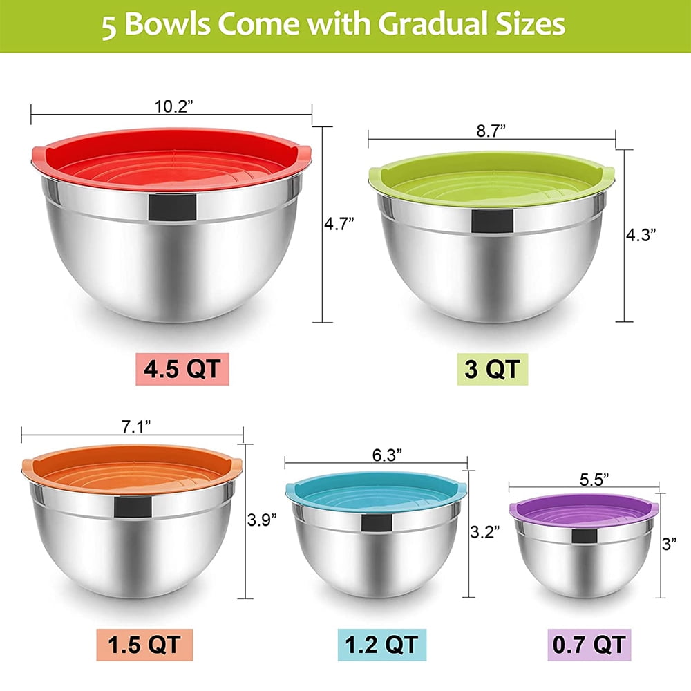 Vesteel 7 PCS Stainless Steel Mixing Bowls, Metal Nesting Salad Bowls with  Lids, 7/4.5/3/2.5/1.5/1.2/0.7 QT - Black 