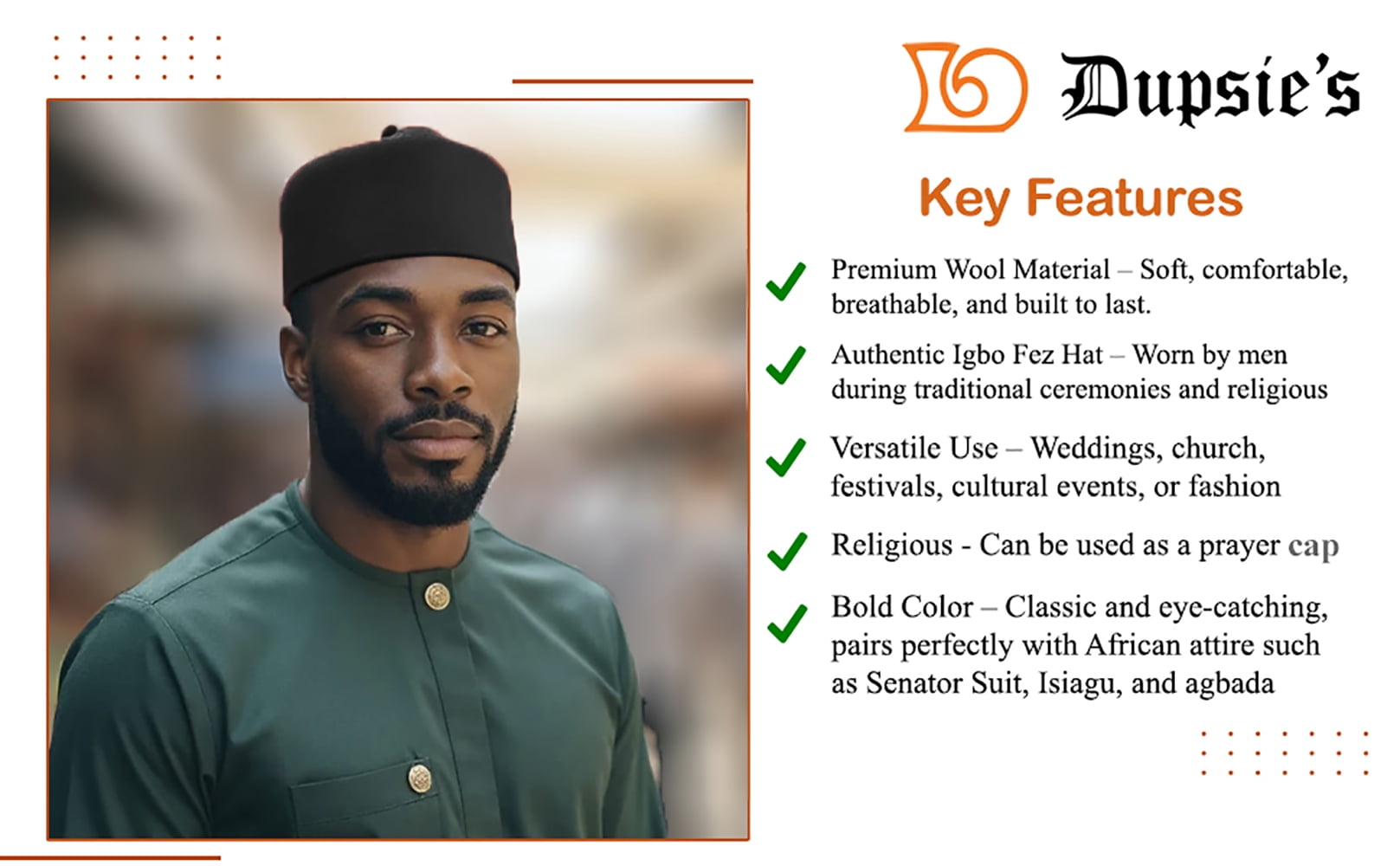 Black Wool Fez Hat for Men – Soft Felt Igbo Cap | Traditional African Hat Kufi