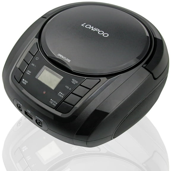 LONPOO Portable CD Player Boombox Classic Stereo Sound System Outdoor Speaker with FM Home Audio Radio, Bluetooth, Aux-in, USB Playback, Black