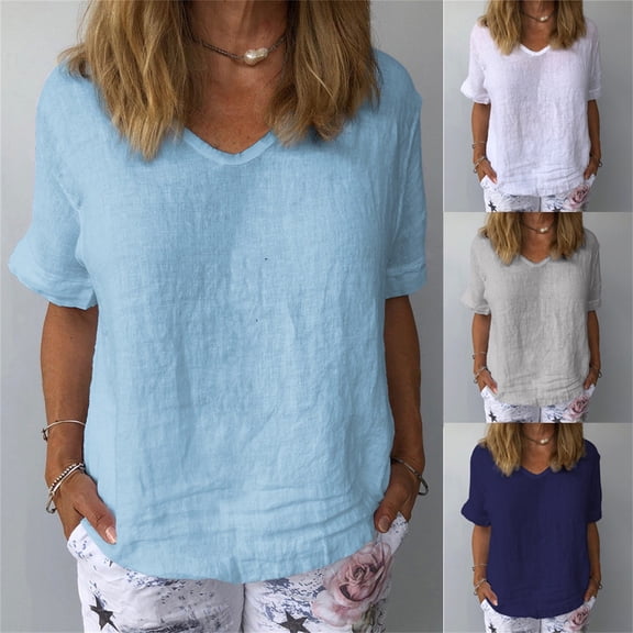 QHWAUAKFBN T Shirts For Women Loose Fit Cotton Linen O Neck Solid Short Sleeves Blouse Tshirts Top