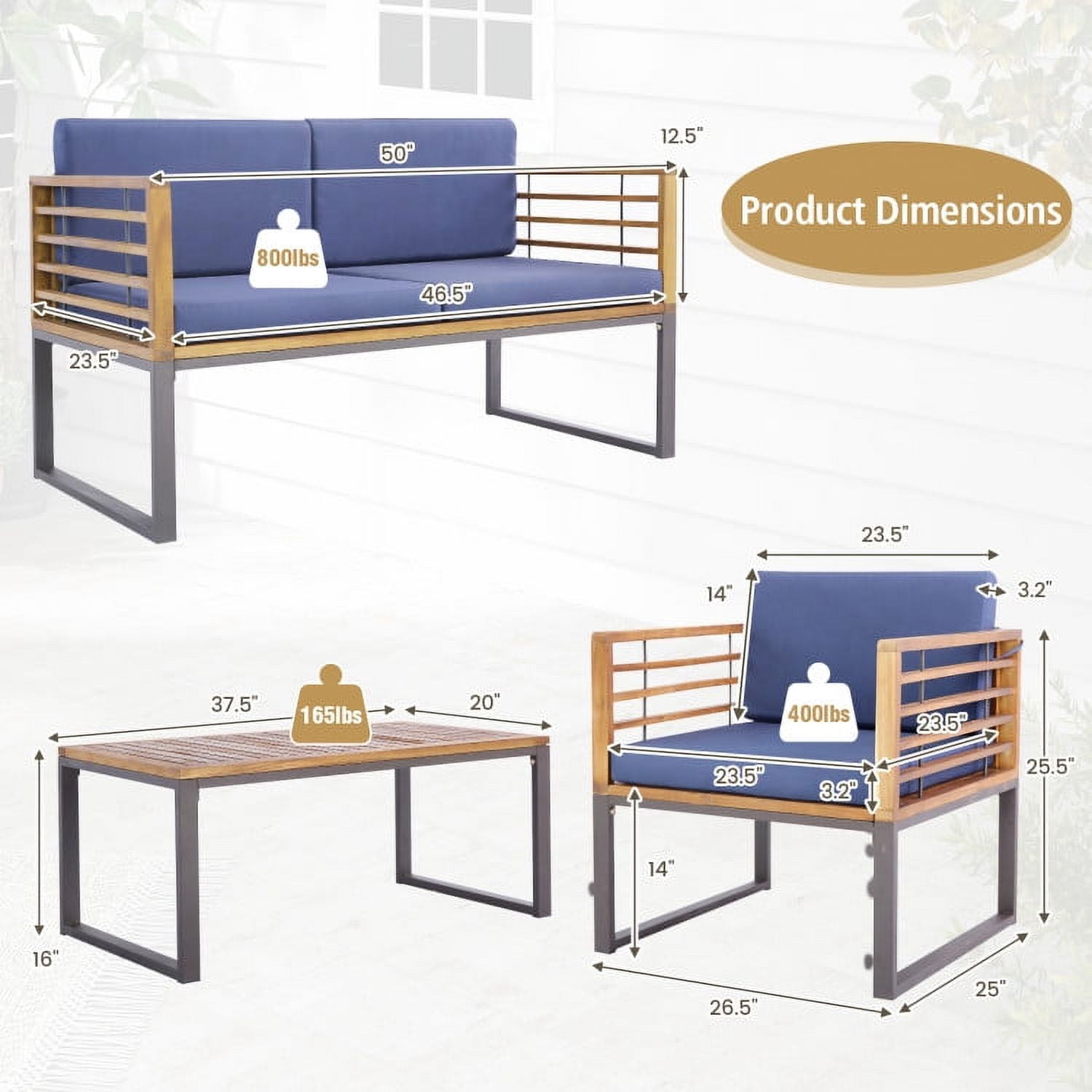 Aimee Lii 4 Pieces Patio Acacia Wood Conversation Set with Coffee Table, Patio Table and Chairs Set, Outdoor Patio Set, Navy Aimee Lii 4 Pieces Patio Acacia Wood Conversation Set with Coffee Table, Patio Table and Chairs Set, Outdoor Patio Set, Navy