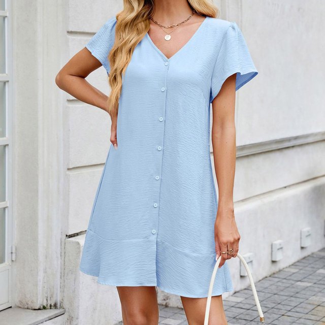WILLBEST Vestidos Casuales Para Mujer Verano Vestido De Manga Corta Con Cuello En V Y Botones Y Cinturón Para Mujer