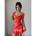 thumbnail image 6 of Hot Pink Off-Shoulder Ruffle Hem Floral Print Fitted Sleeveless Mini Dress With Tie Front, 6 of 7