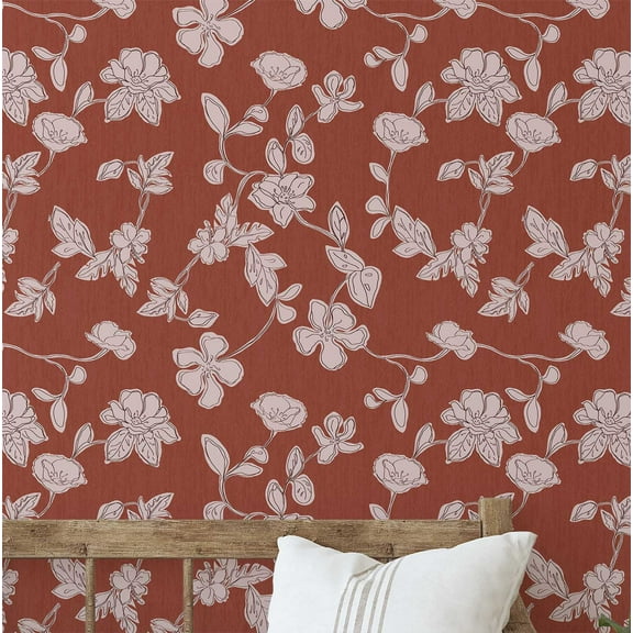 S4Sassy Peel and Stick Wall Covering, Sketch Floral Wallpaper Removable Wallwrap - Brown Instant Wall Mural for Bedroom, Bathroom, Laundry Room, Closet Interior (25"x120" inch)