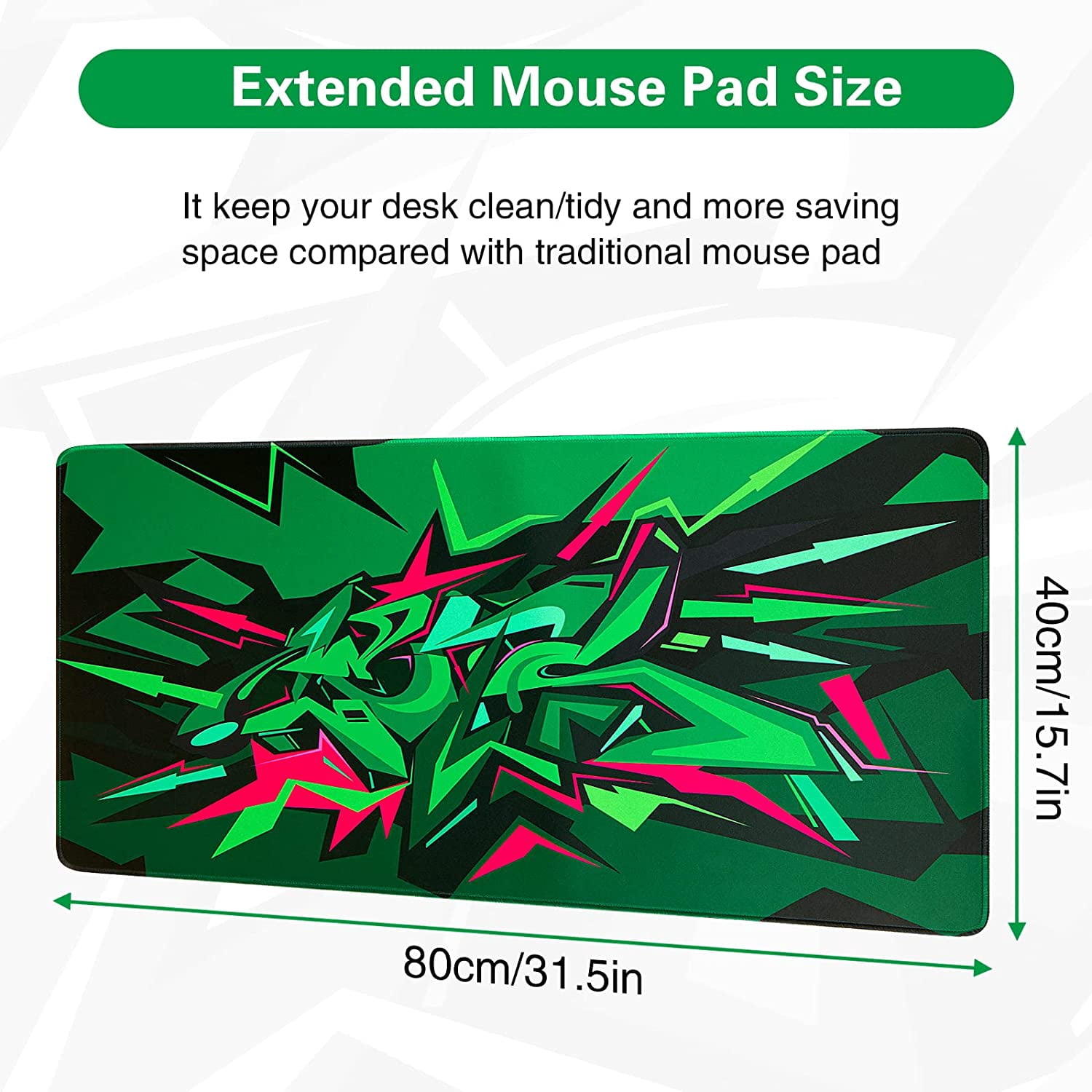 Gaming Mouse Pad, Extended Mouse Pad 31.5x15.7inch XXL Large Big Computer Keyboard Mouse Mat Desk Pad with Non-Slip Base and Stitched Edge for Home Office Gaming Work (Green Graffiti)