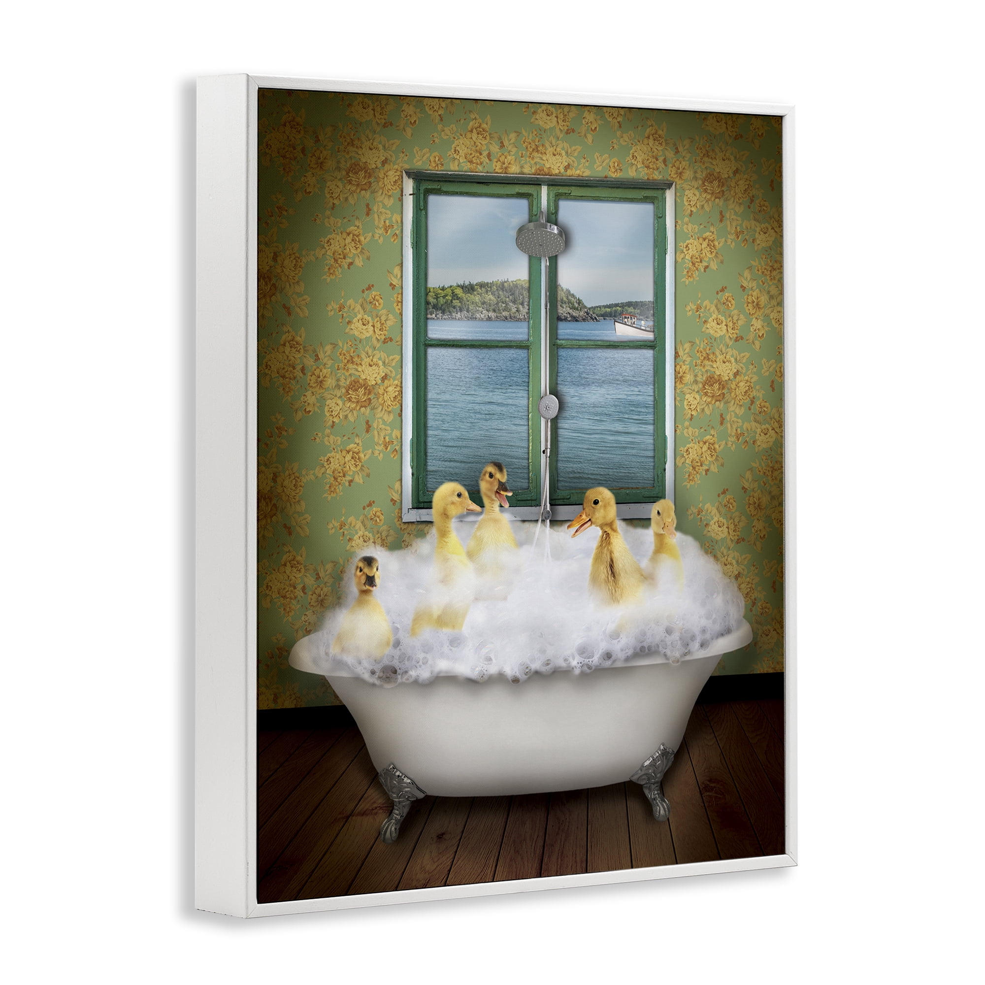 Stupell Industries Ducks Bathing Tub Ocean View Animals Painting White Framed Art Print Wall Art, 20 x 16
