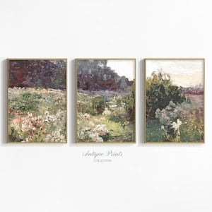 Neutral Meadow 3 Pieces Wall Art, Vintage Country Painting, Countryside Flowers Set of 3 Split Print, Farmhouse Decor, Poster Only