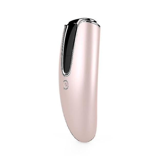 ipl hair removal laser epilator 300,000 flashes for women face armpit bikini whole body permanent hair remover depiladora laser Rosa hanyang, centered front view of a slim handheld epilator with curved rose-pink PC/ABS body, black quartz treatment window with chrome trim, single round power button and compact 17.9×7×3.5 cm silhouette on white background; suitable for quick touch-ups in travel kits.