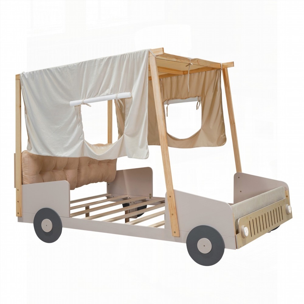 Full Size Wood Car Bed with Pillow & LED Lights, Natural & Sturdy