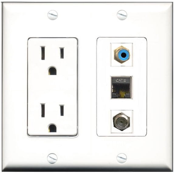 RiteAV - 15 Amp Power Outlet 1 Port RCA Blue 1 Port Coax 1 Port Shielded Cat6 Ethernet Ethernet Decorative Wall Plate