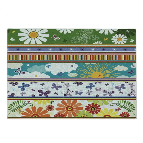 Summer Cutting Board, Colorful Striped Daisy Flowers Butterflies Sun Clouds Vivid Playroom Pattern, Decorative Tempered Glass Cutting and Serving Board, Small Size, Multicolor, by Ambesonne