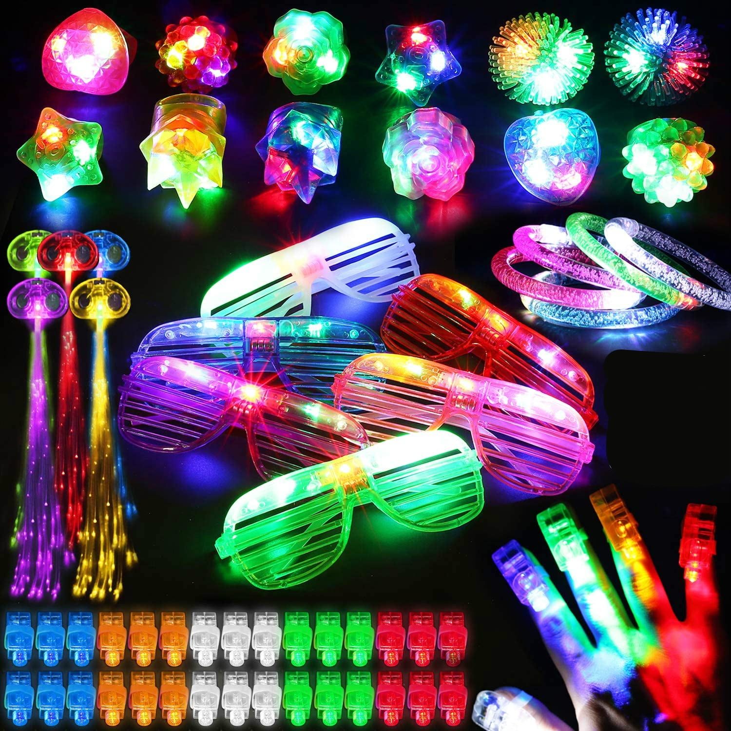 LED Light up Toy Party Favors 78 Pack Neon Party Supplies Bulk for Adult  Kids Birthday Halloween - 50 Finger Light, 12 Jelly Ring, 6 Glasses, 5  Bracelet, 5 Hair Light 