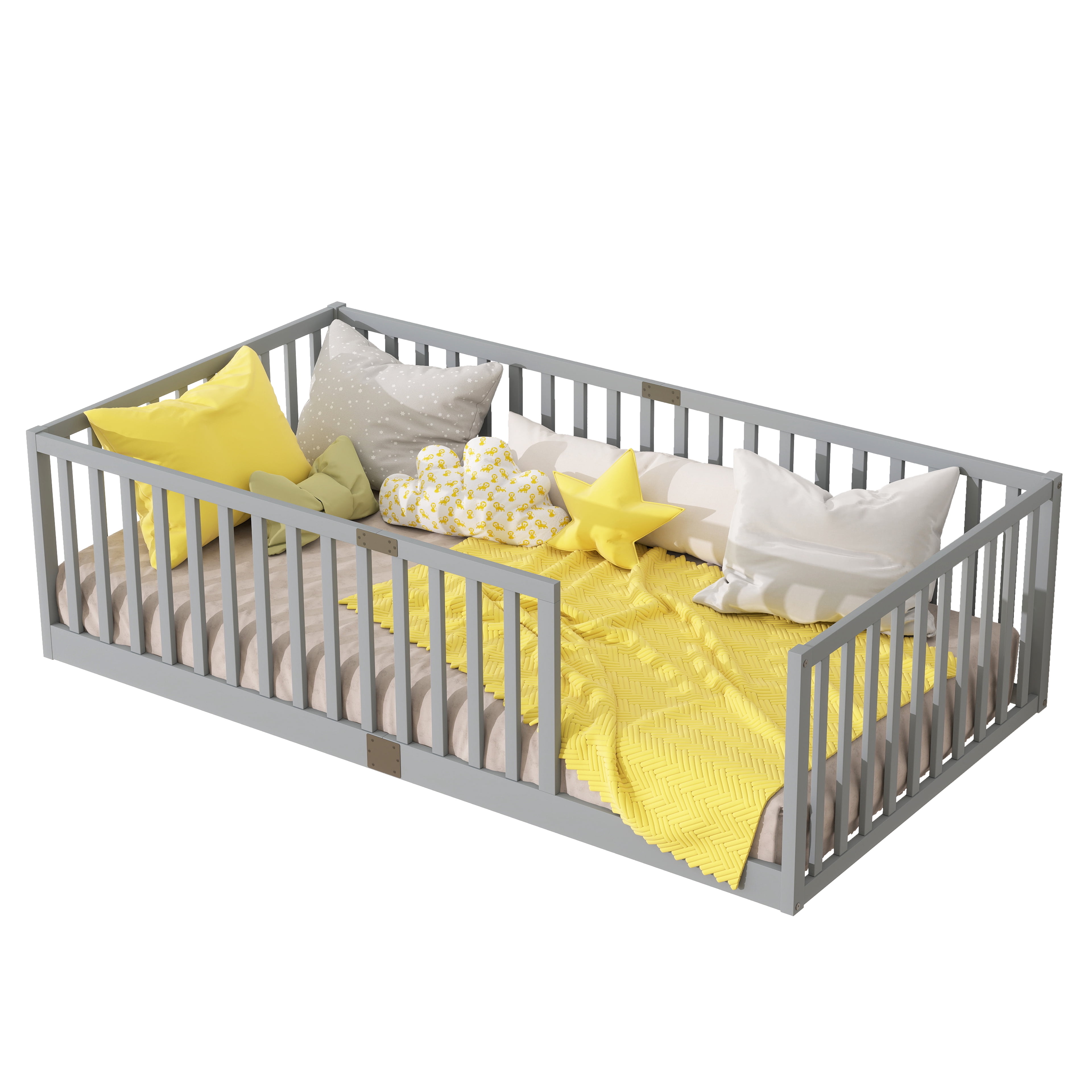 Sailvan Twin Floor Bed with High Fence Railings, Solid Rubber Wood Kids Platform Bed Frame Grey