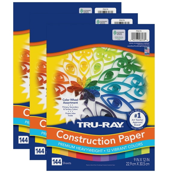 Tru-Ray Construction Paper, Heavyweight, Color Wheel Assortment, 12 Vibrant Colors, 9" x 12", 144 Sheets Per Pack, 3 Packs