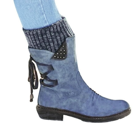 

Winter Warm Back Lace Up Boots Shoes Women Boots Christmas Daily Travel Shoes knitted wool Back Lace Up calf length women autumn spring winter women boots comfortable warm Blue 35