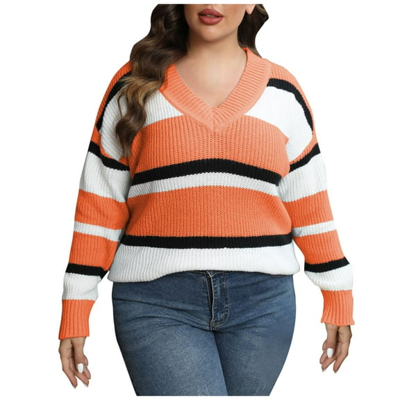 Kaemgyyd Plus-Size Sweater for Women Cute Color Block Long Sleeve V Neck Knite Pullover Soft Stylish Going out Tops
