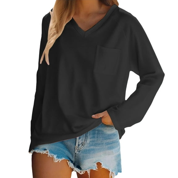 Women's Loose Fit V Neck Long Sleeve Top with Pockets Comfortable Casual Blouse for Fall Winter Everyday Wear