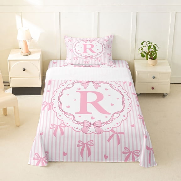 spefrowx Princess Bow Letter R Twin Sheets for Kids, Pink Stripe Heart Print Bedding, 3 Pieces, 1 Flat Sheet, 1 Fitted Sheet and 1 Pillowcase