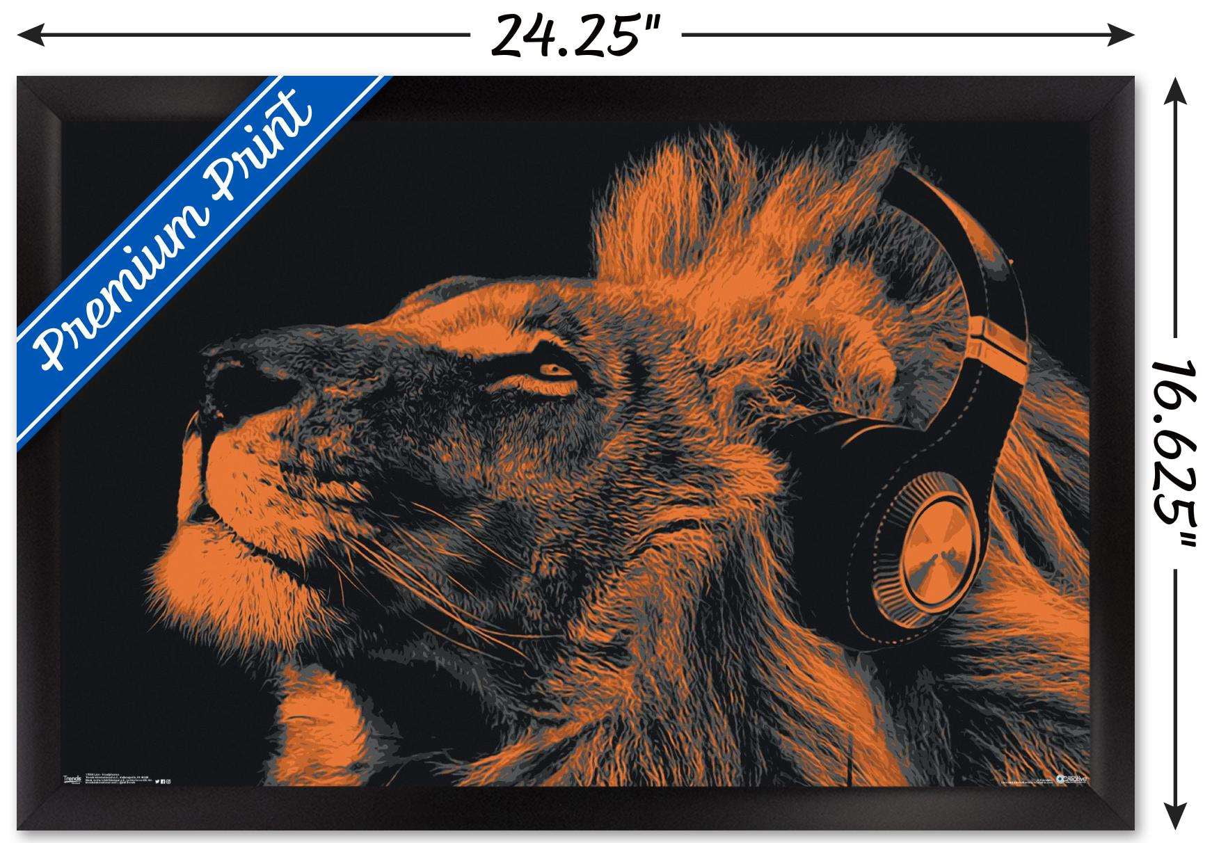 Lion With Headphones Wall Poster, 14.725" x 22.375", Framed