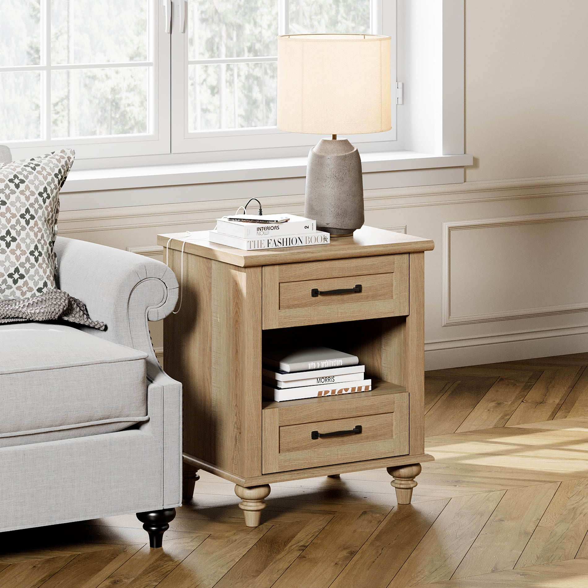 Nightstand with Charging Station, Farmhouse End Table with 2 Drawers & Open Cubby for Bedroom, Living Room, Light Rustic Oak
