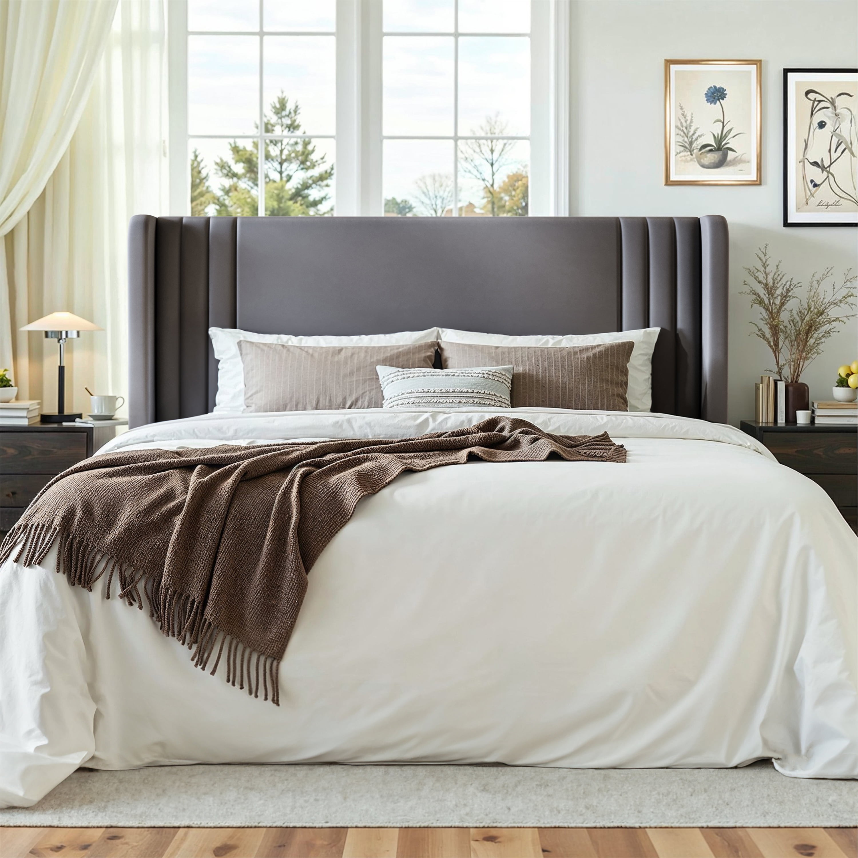 Einfach Queen Size Upholstered Bed Frame, Platform Bed with Velvet Wingback Headboard, Gray