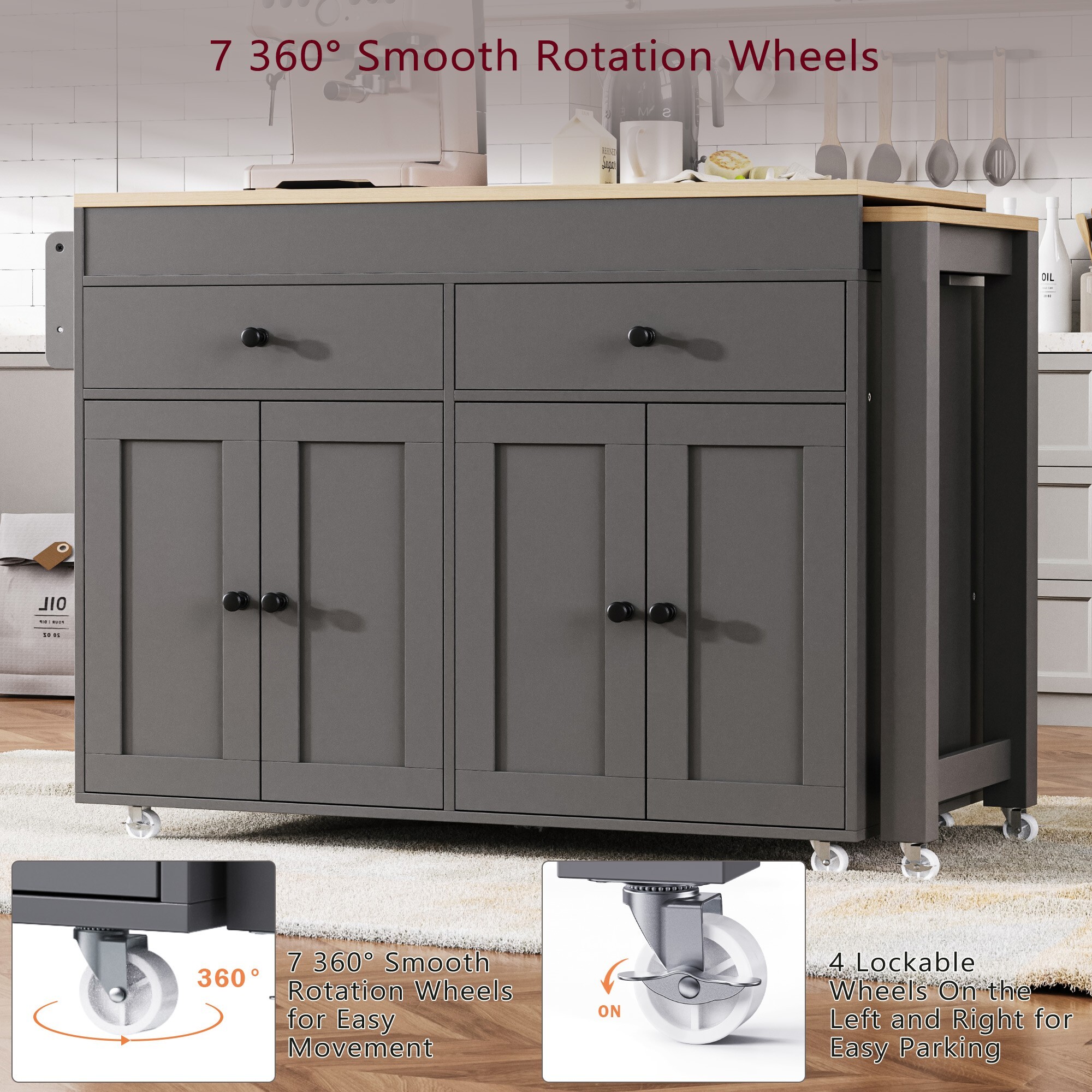 AENKYO Extendable Kitchen Island Cart with Storage, Rolling Dining Table with Drawers & Cabinets, Gray